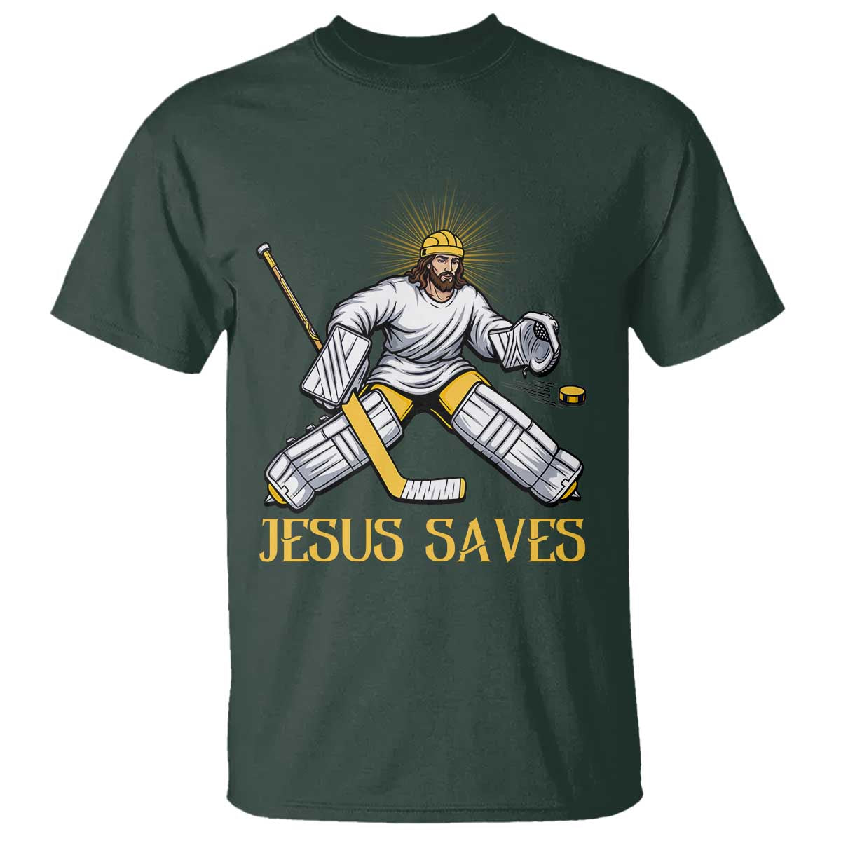 Jesus Saves T Shirt Funny Christian Ice Hockey Goalie Gift TS12 Dark Forest Green Print Your Wear