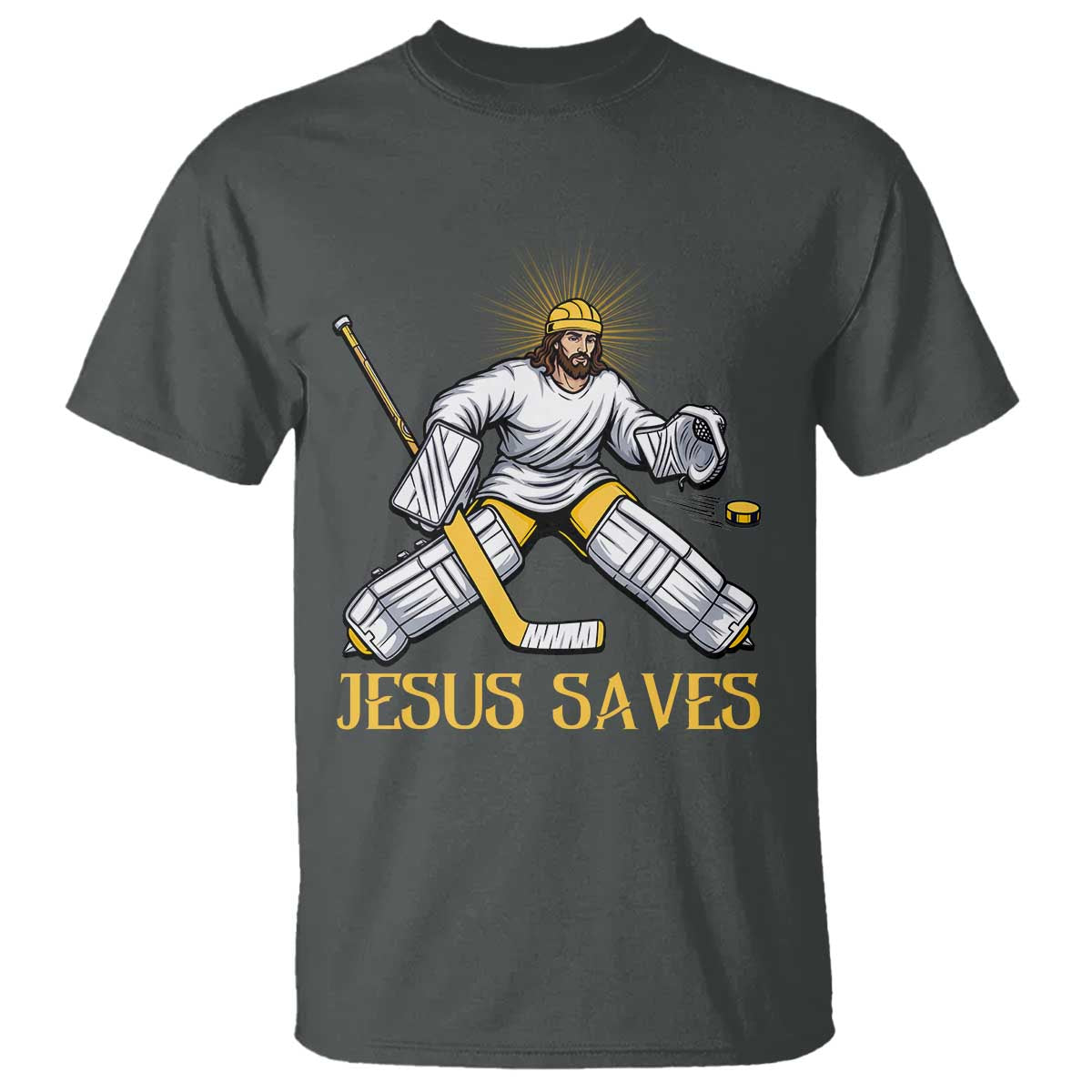 Jesus Saves T Shirt Funny Christian Ice Hockey Goalie Gift TS12 Dark Heather Print Your Wear