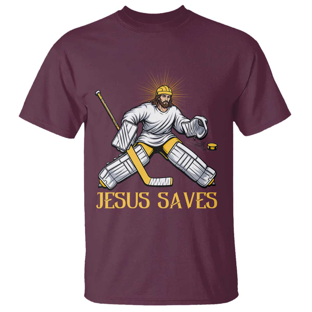 Jesus Saves T Shirt Funny Christian Ice Hockey Goalie Gift TS12 Maroon Print Your Wear
