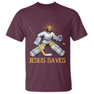 Jesus Saves T Shirt Funny Christian Ice Hockey Goalie Gift TS12 Maroon Print Your Wear