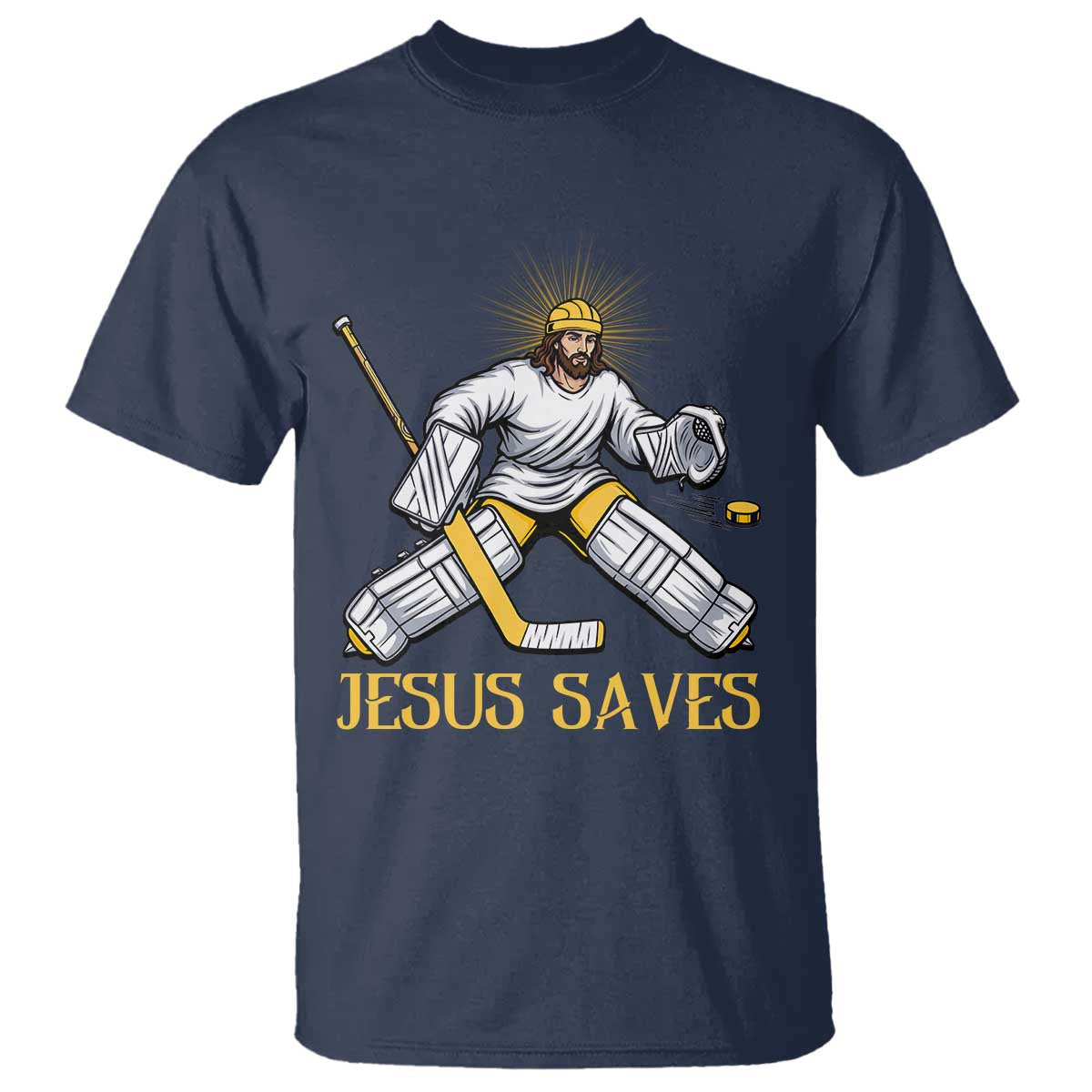 Jesus Saves T Shirt Funny Christian Ice Hockey Goalie Gift TS12 Navy Print Your Wear
