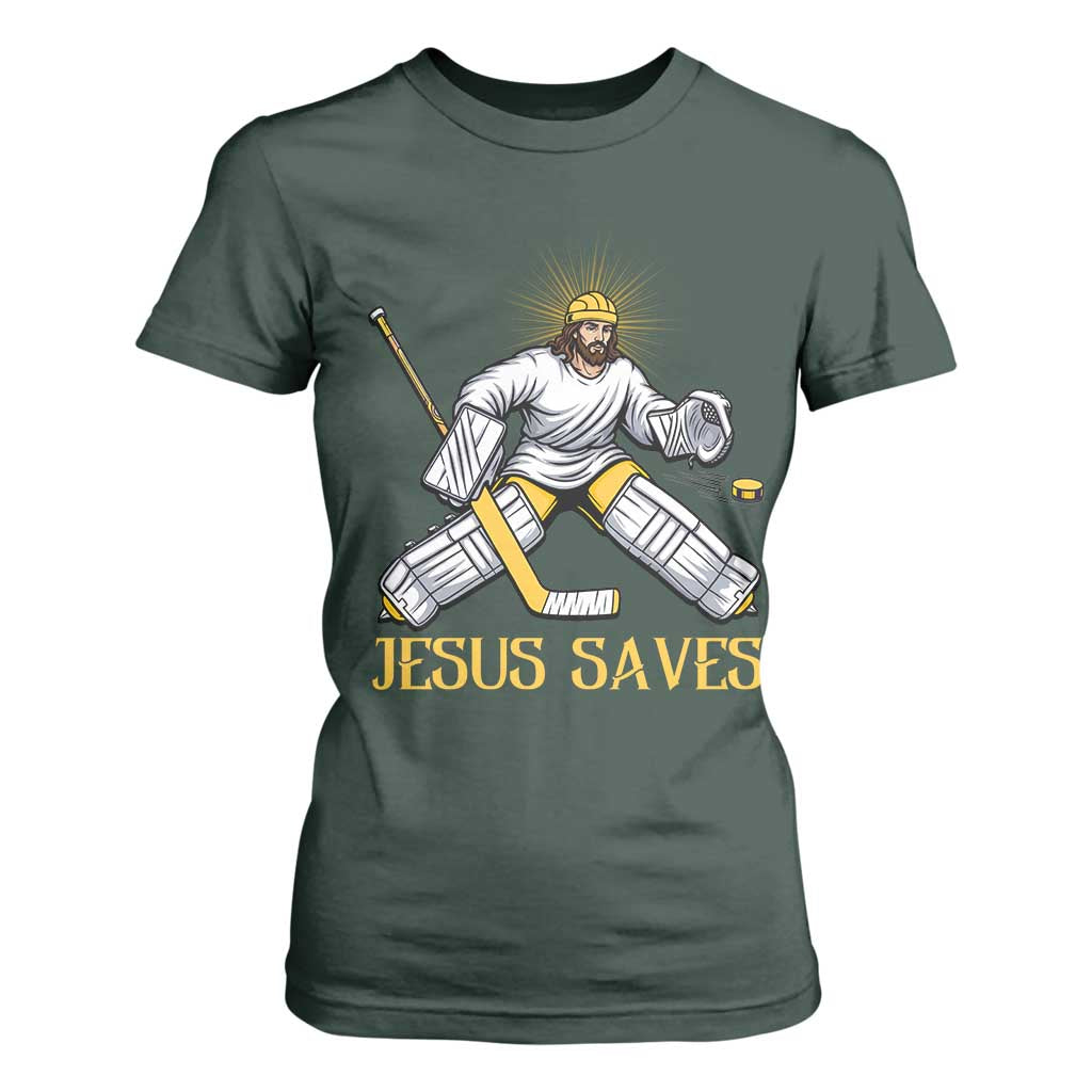 Jesus Saves T Shirt For Women Funny Christian Ice Hockey Goalie Gift TS12 Dark Forest Green Print Your Wear