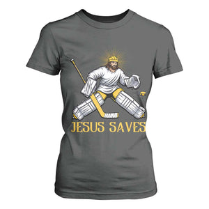 Jesus Saves T Shirt For Women Funny Christian Ice Hockey Goalie Gift TS12 Dark Heather Print Your Wear