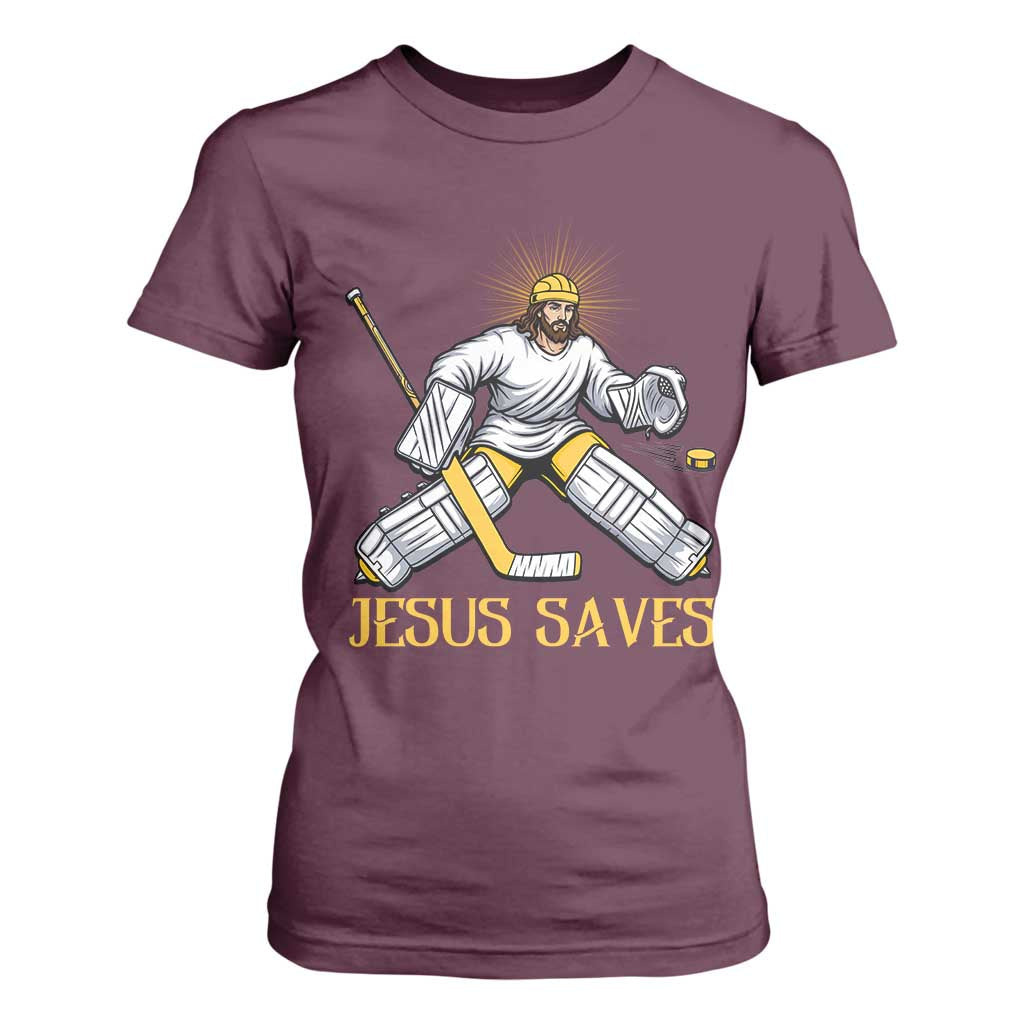 Jesus Saves T Shirt For Women Funny Christian Ice Hockey Goalie Gift TS12 Maroon Print Your Wear