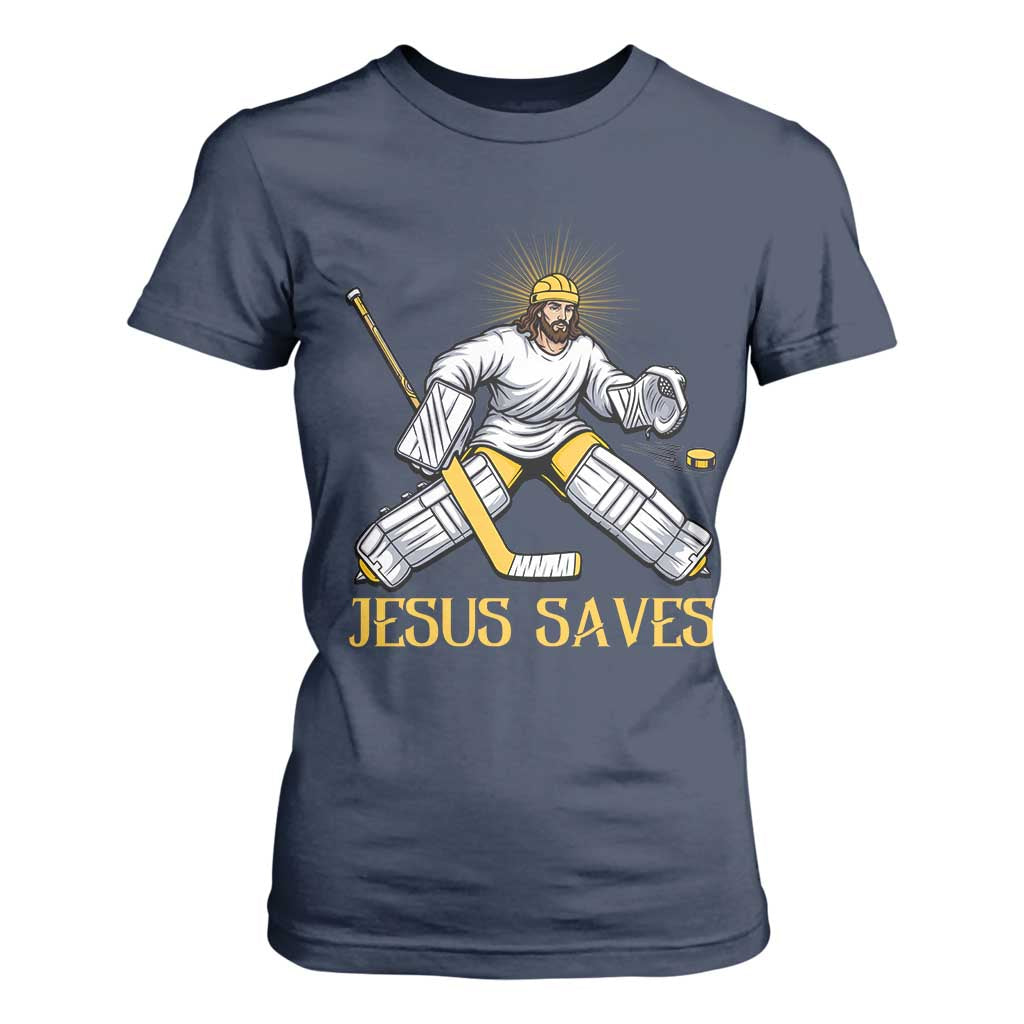 Jesus Saves T Shirt For Women Funny Christian Ice Hockey Goalie Gift TS12 Navy Print Your Wear