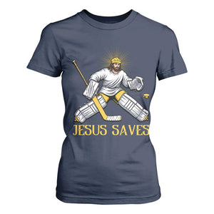 Jesus Saves T Shirt For Women Funny Christian Ice Hockey Goalie Gift TS12 Navy Print Your Wear
