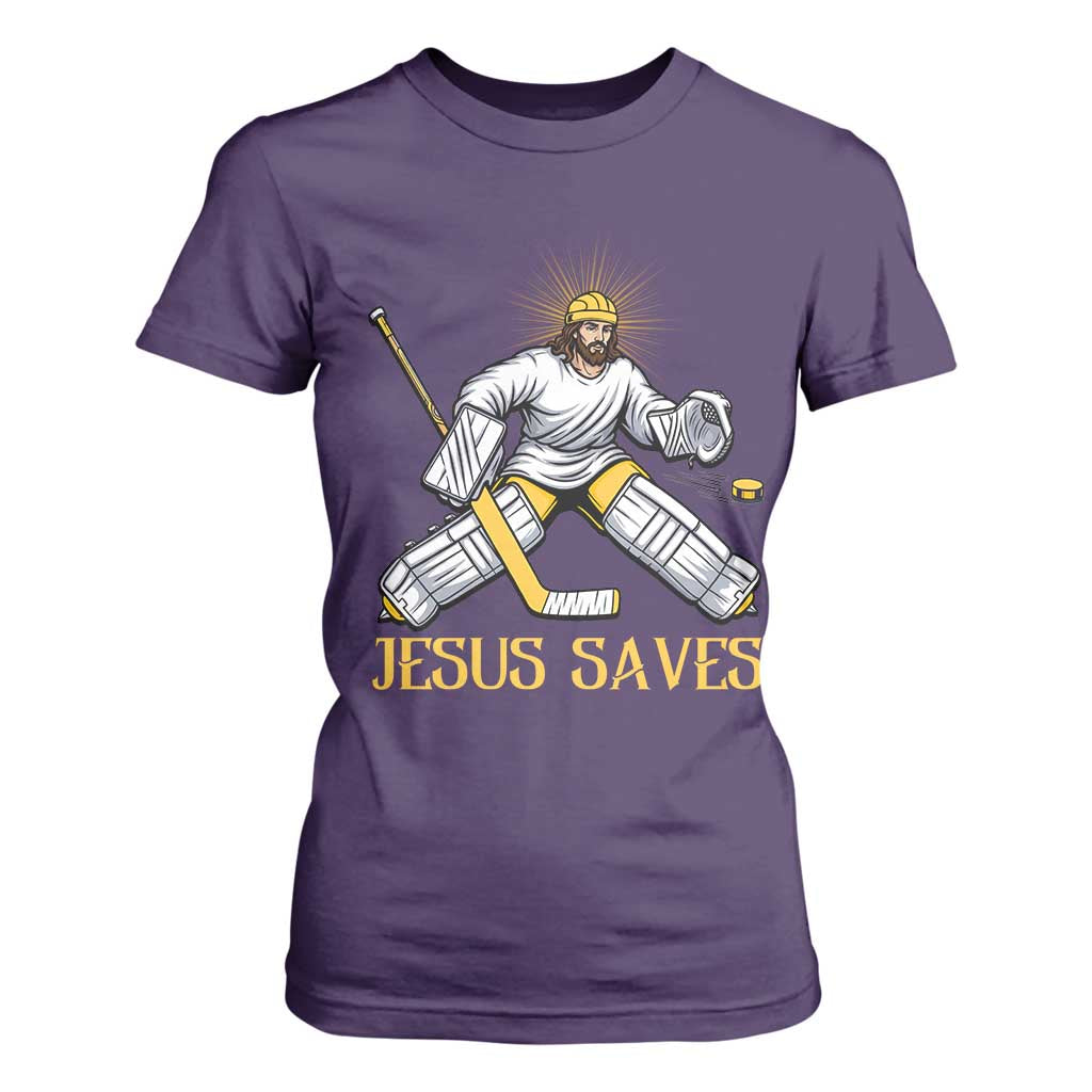 Jesus Saves T Shirt For Women Funny Christian Ice Hockey Goalie Gift TS12 Purple Print Your Wear