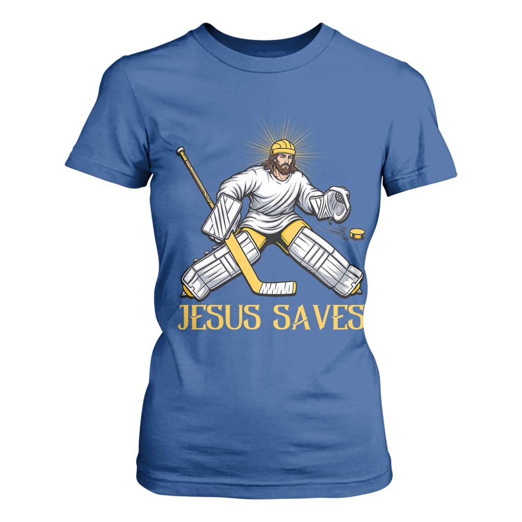 Jesus Saves T Shirt For Women Funny Christian Ice Hockey Goalie Gift TS12 Royal Blue Print Your Wear