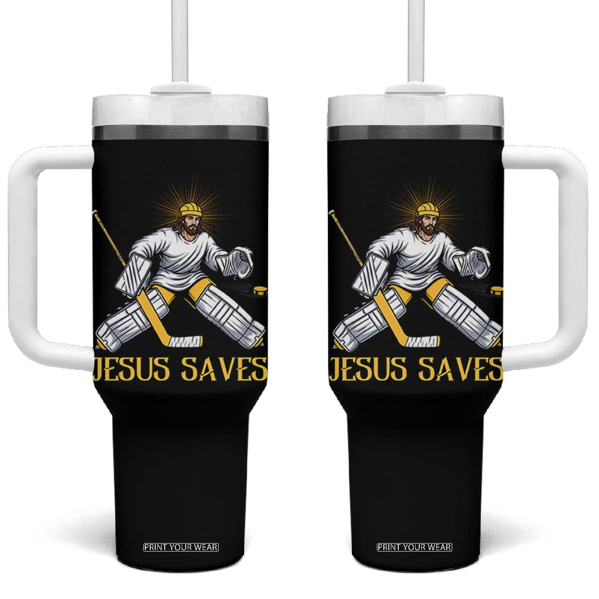 Jesus Saves Tumbler With Handle Funny Christian Ice Hockey Goalie Gift TS12 One Size: 40 oz Black Print Your Wear