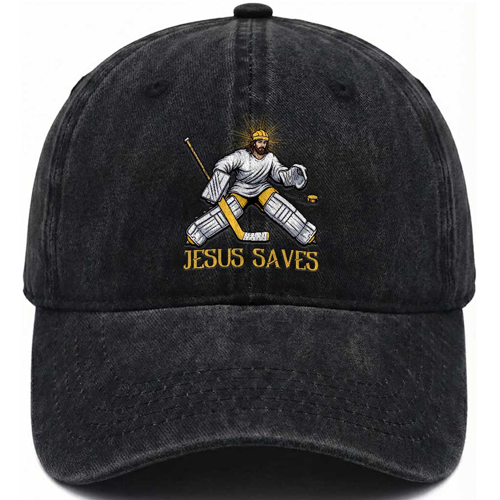 Jesus Saves Washed Cotton Baseball Cap Funny Christian Ice Hockey Goalie Gift TS12 Print Your Wear