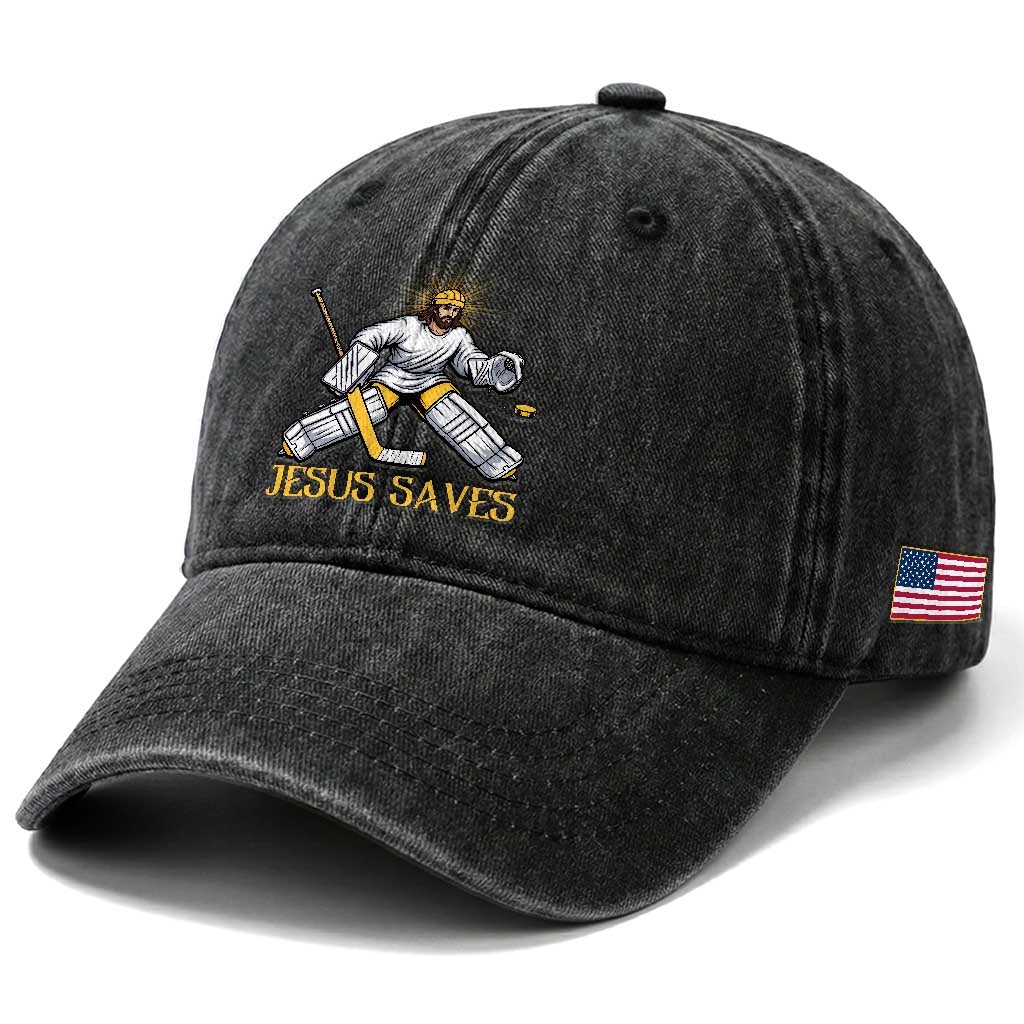 Jesus Saves Washed Cotton Baseball Cap Funny Christian Ice Hockey Goalie Gift TS12 Print Your Wear