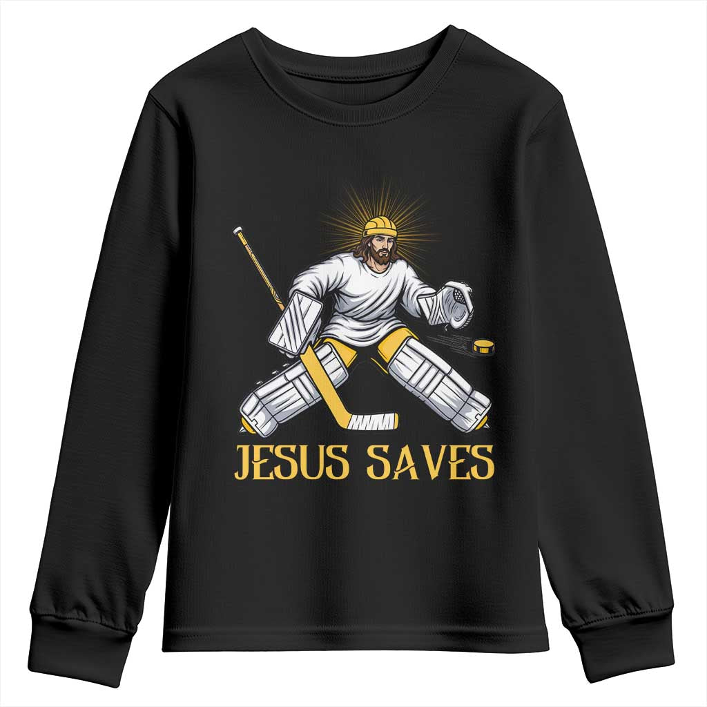 Jesus Saves Youth Sweatshirt Funny Christian Ice Hockey Goalie Gift TS12 Black Print Your Wear