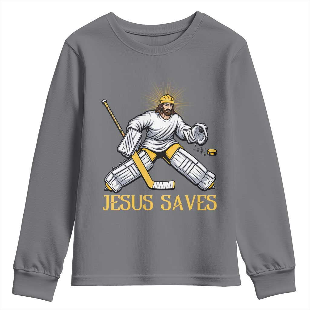 Jesus Saves Youth Sweatshirt Funny Christian Ice Hockey Goalie Gift TS12 Charcoal Print Your Wear
