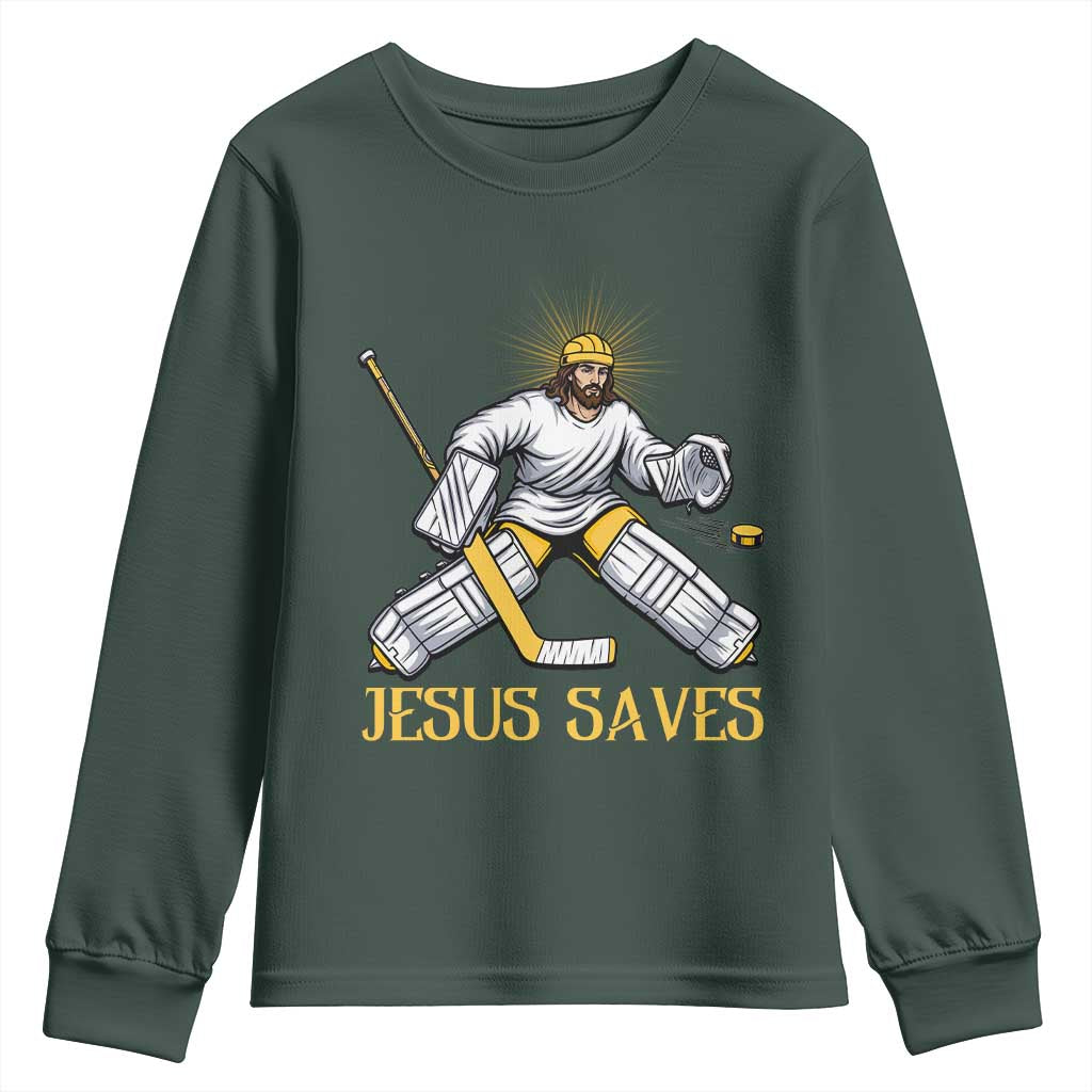 Jesus Saves Youth Sweatshirt Funny Christian Ice Hockey Goalie Gift TS12 Dark Forest Green Print Your Wear