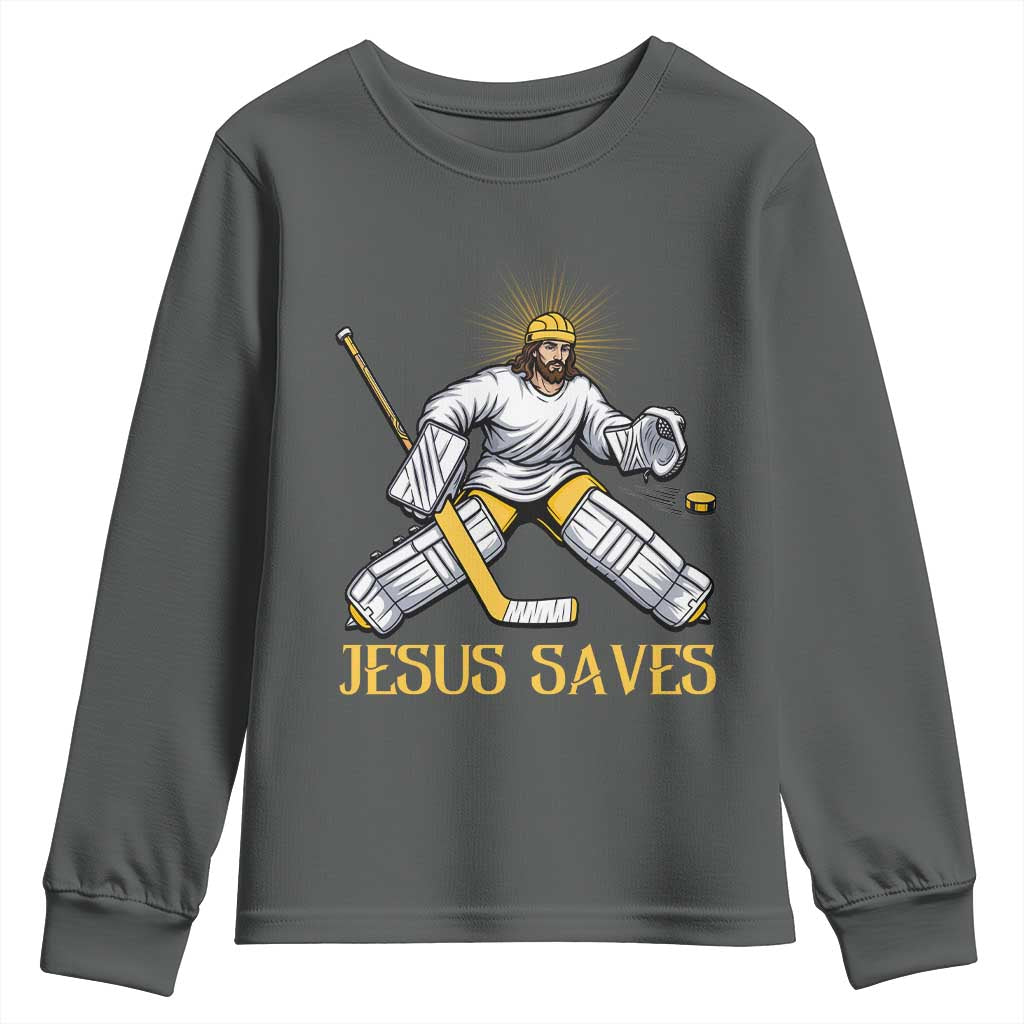 Jesus Saves Youth Sweatshirt Funny Christian Ice Hockey Goalie Gift TS12 Dark Heather Print Your Wear