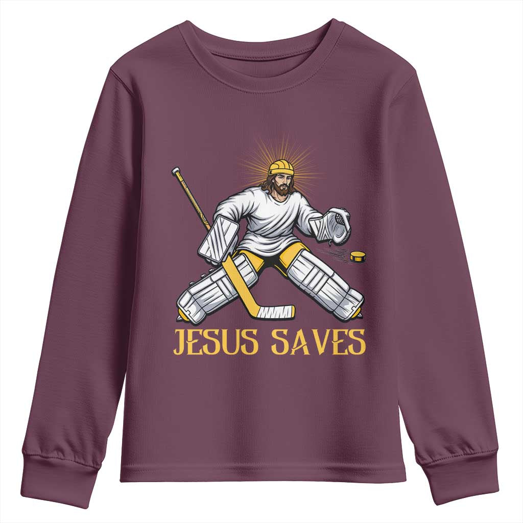 Jesus Saves Youth Sweatshirt Funny Christian Ice Hockey Goalie Gift TS12 Maroon Print Your Wear