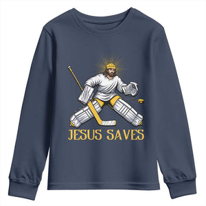 Jesus Saves Youth Sweatshirt Funny Christian Ice Hockey Goalie Gift TS12 Navy Print Your Wear
