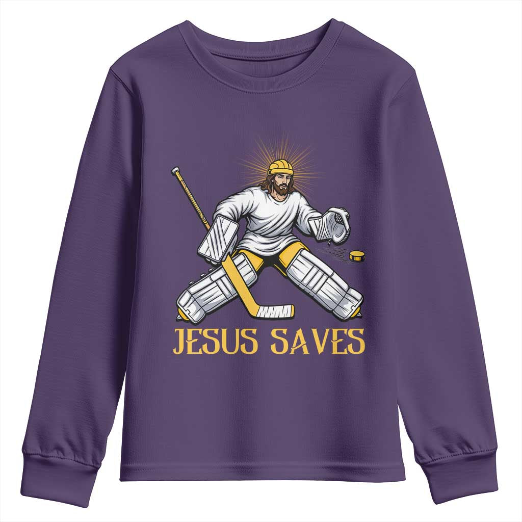 Jesus Saves Youth Sweatshirt Funny Christian Ice Hockey Goalie Gift TS12 Purple Print Your Wear