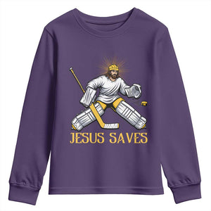 Jesus Saves Youth Sweatshirt Funny Christian Ice Hockey Goalie Gift TS12 Purple Print Your Wear