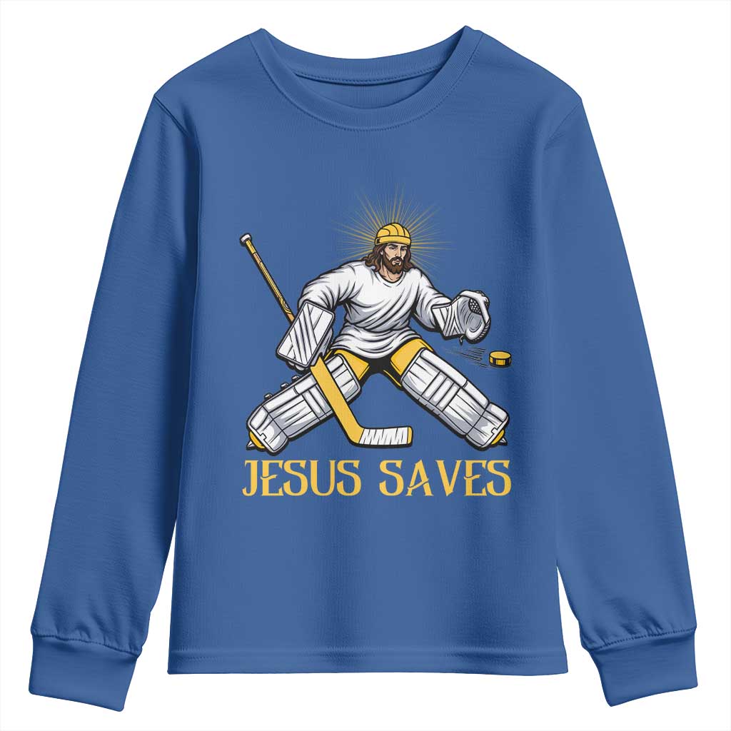 Jesus Saves Youth Sweatshirt Funny Christian Ice Hockey Goalie Gift TS12 Royal Blue Print Your Wear
