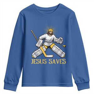 Jesus Saves Youth Sweatshirt Funny Christian Ice Hockey Goalie Gift TS12 Royal Blue Print Your Wear