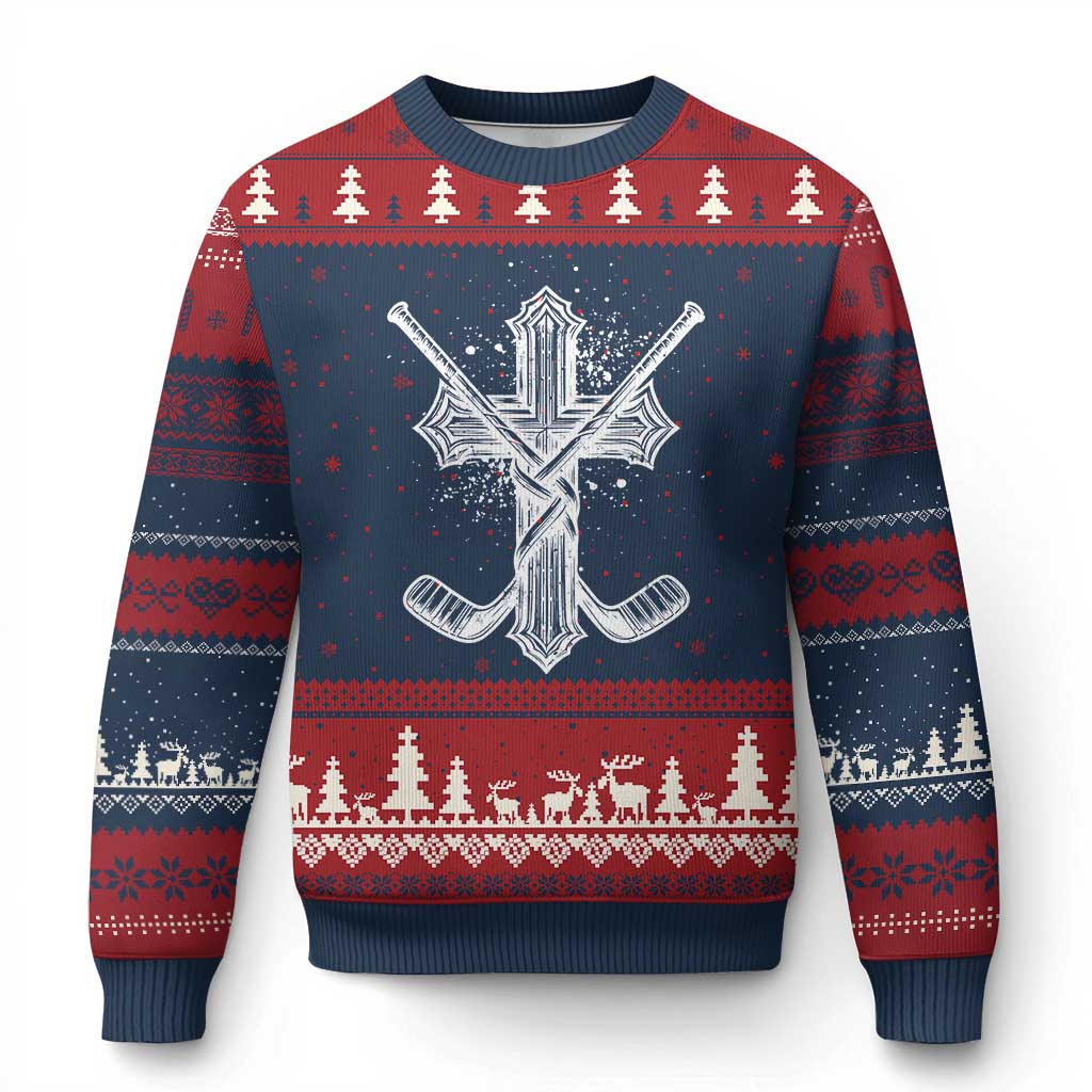 Faith Family Hockey Cross Ugly Christmas Sweater Religious Ice Hockey Lover Gift TS12 Navy Red Print Your Wear
