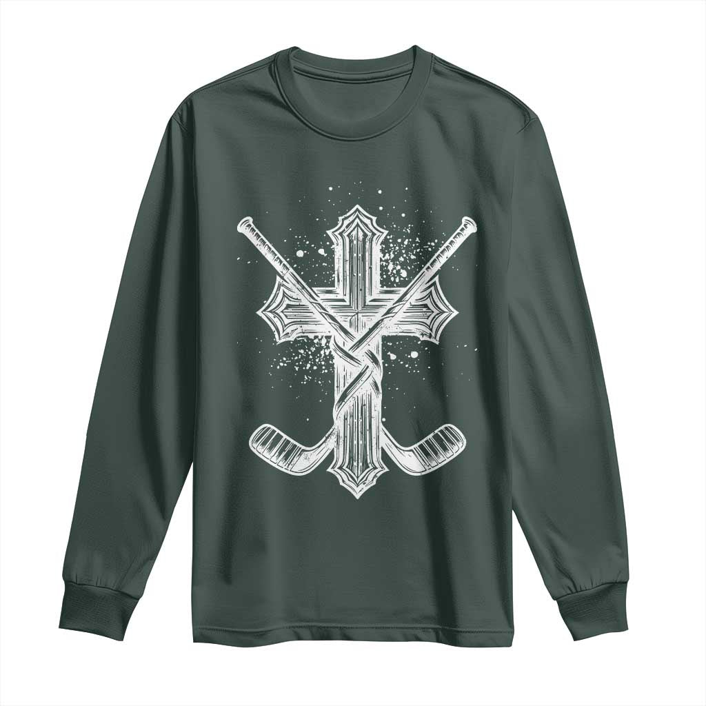 Faith Family Hockey Cross Long Sleeve Shirt Religious Ice Hockey Lover Gift TS12 Dark Forest Green Print Your Wear