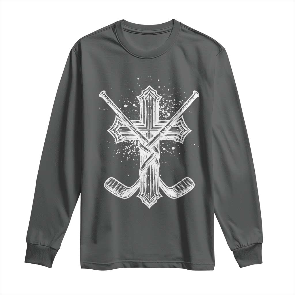 Faith Family Hockey Cross Long Sleeve Shirt Religious Ice Hockey Lover Gift TS12 Dark Heather Print Your Wear