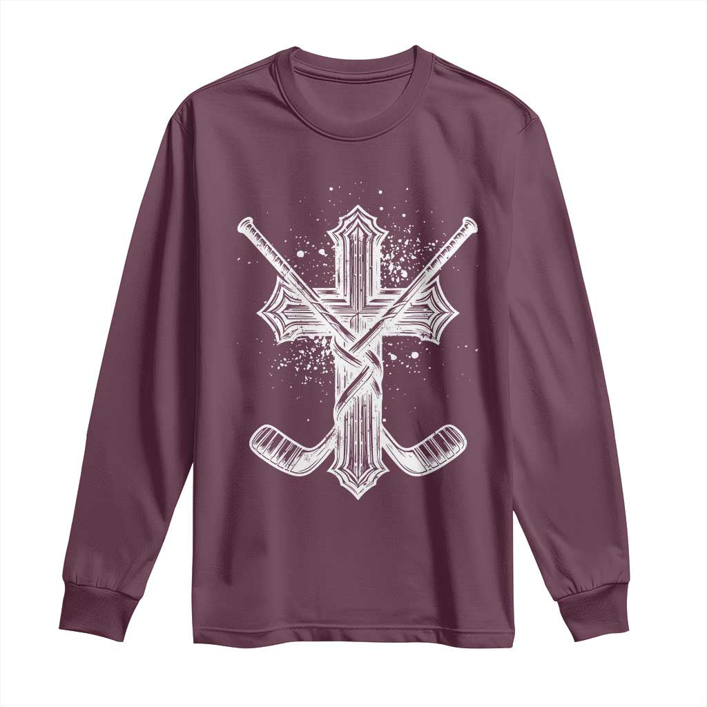 Faith Family Hockey Cross Long Sleeve Shirt Religious Ice Hockey Lover Gift TS12 Maroon Print Your Wear