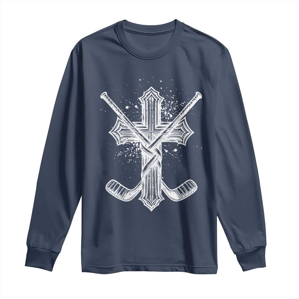 Faith Family Hockey Cross Long Sleeve Shirt Religious Ice Hockey Lover Gift TS12 Navy Print Your Wear
