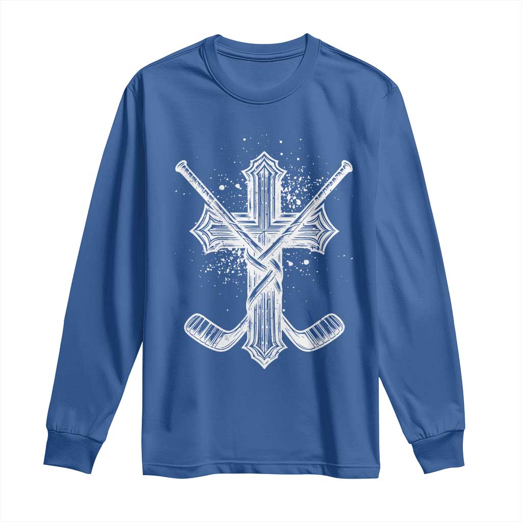 Faith Family Hockey Cross Long Sleeve Shirt Religious Ice Hockey Lover Gift TS12 Royal Blue Print Your Wear
