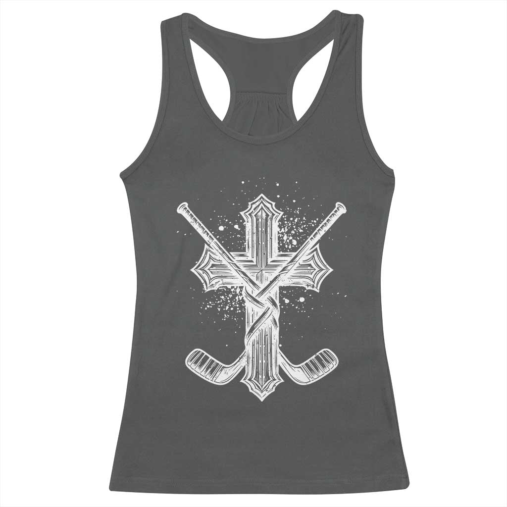 Faith Family Hockey Cross Racerback Tank Top Religious Ice Hockey Lover Gift TS12 Dark Heather Print Your Wear