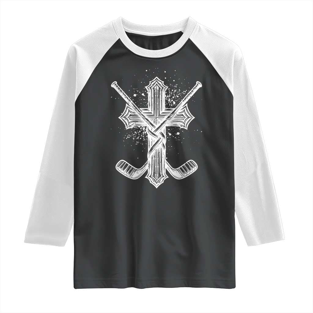 Faith Family Hockey Cross Raglan Shirt Religious Ice Hockey Lover Gift TS12 Black White Print Your Wear