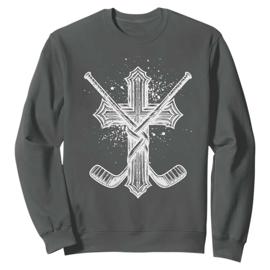 Faith Family Hockey Cross Sweatshirt Religious Ice Hockey Lover Gift TS12 Dark Heather Print Your Wear