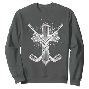 Faith Family Hockey Cross Sweatshirt Religious Ice Hockey Lover Gift TS12 Dark Heather Print Your Wear