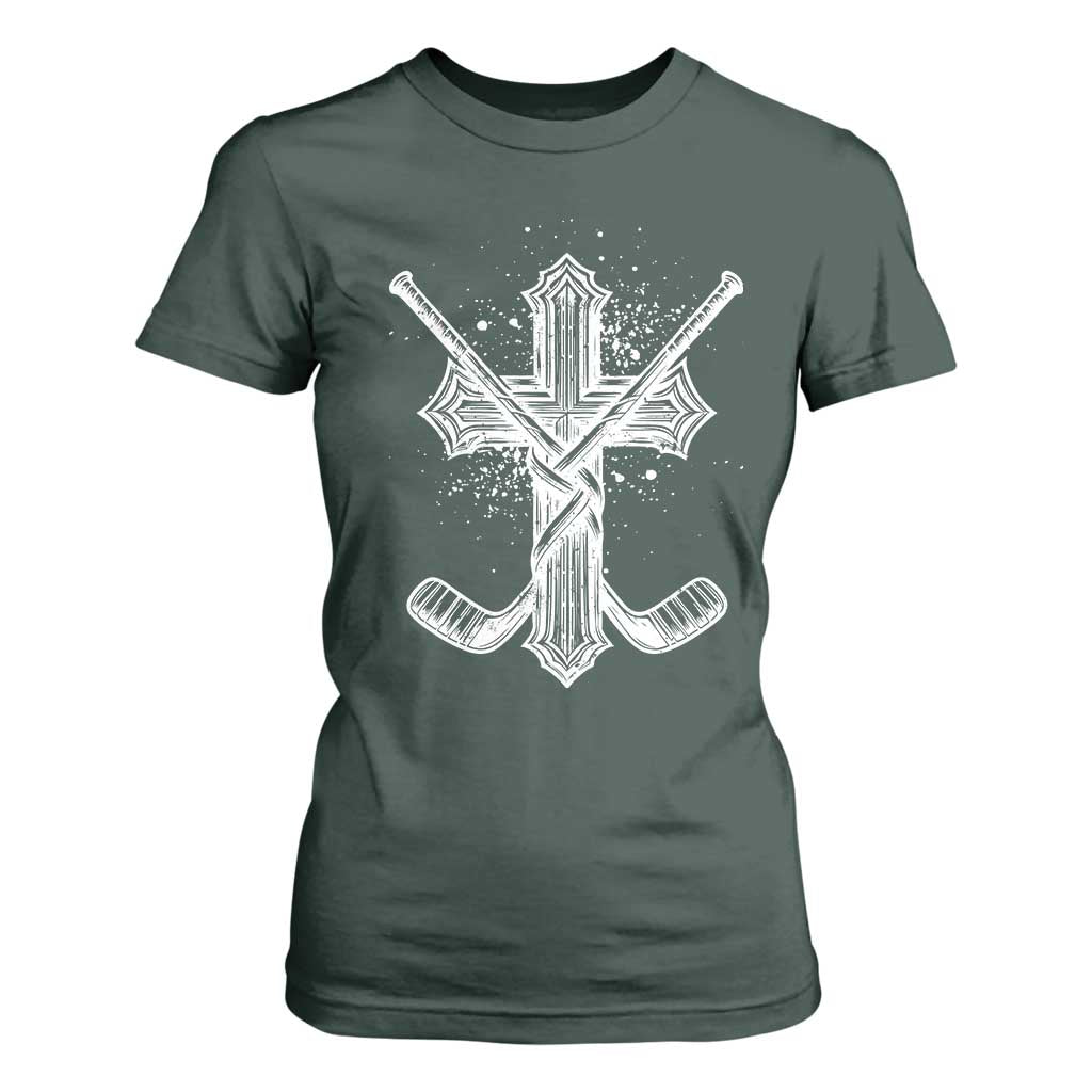 Faith Family Hockey Cross T Shirt For Women Religious Ice Hockey Lover Gift TS12 Dark Forest Green Print Your Wear