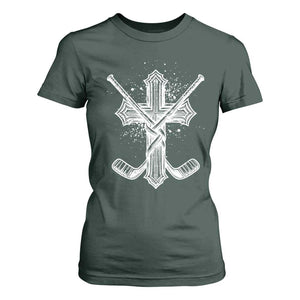 Faith Family Hockey Cross T Shirt For Women Religious Ice Hockey Lover Gift TS12 Dark Forest Green Print Your Wear