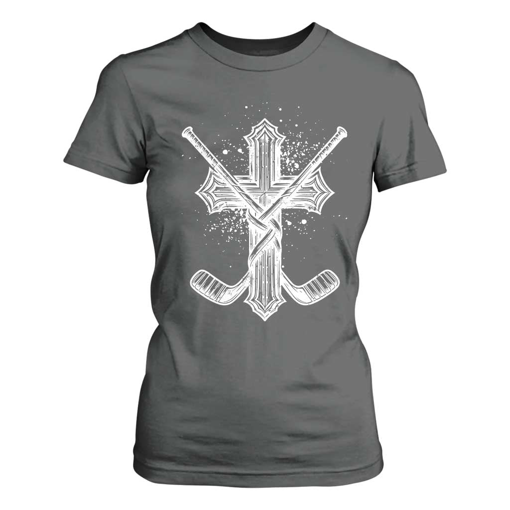 Faith Family Hockey Cross T Shirt For Women Religious Ice Hockey Lover Gift TS12 Dark Heather Print Your Wear