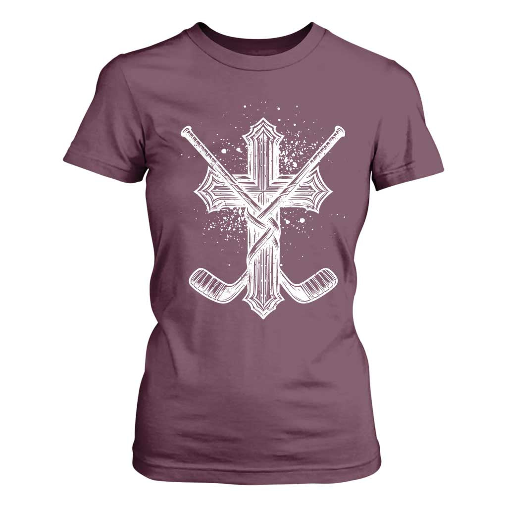 Faith Family Hockey Cross T Shirt For Women Religious Ice Hockey Lover Gift TS12 Maroon Print Your Wear