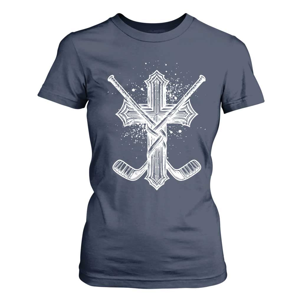Faith Family Hockey Cross T Shirt For Women Religious Ice Hockey Lover Gift TS12 Navy Print Your Wear