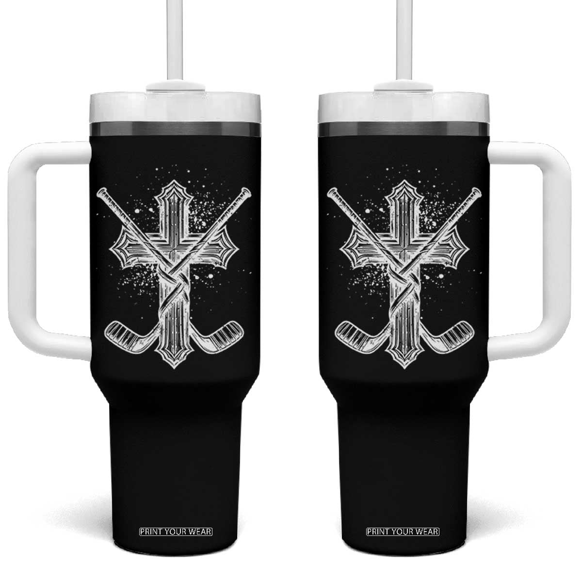 Faith Family Hockey Cross Tumbler With Handle Religious Ice Hockey Lover Gift TS12 One Size: 40 oz Black Print Your Wear