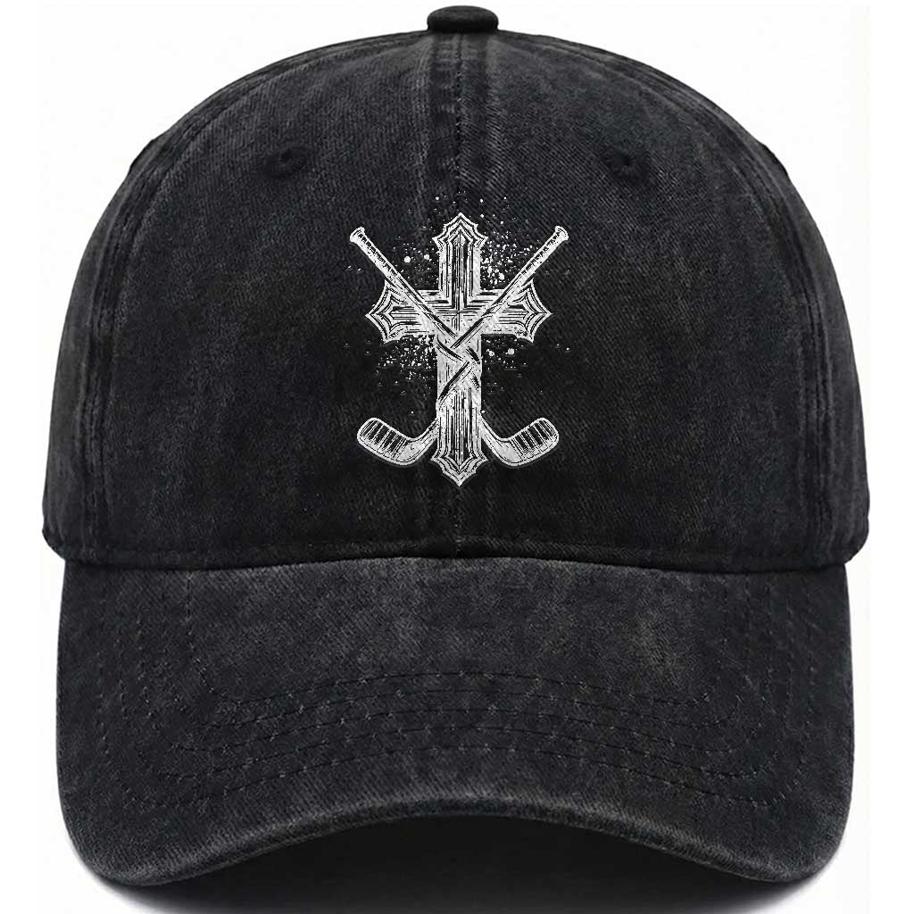 Faith Family Hockey Cross Washed Cotton Baseball Cap Religious Ice Hockey Lover Gift TS12 Print Your Wear