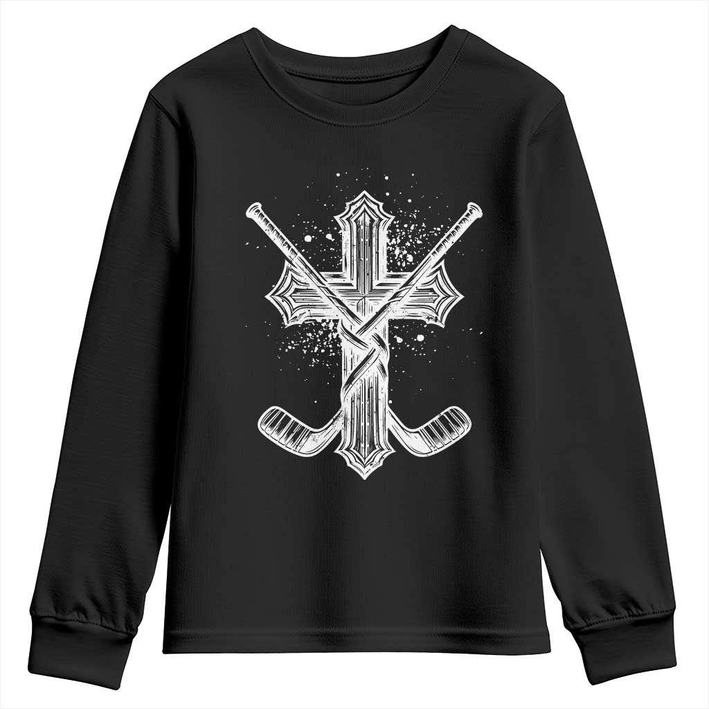Faith Family Hockey Cross Youth Sweatshirt Religious Ice Hockey Lover Gift TS12 Black Print Your Wear