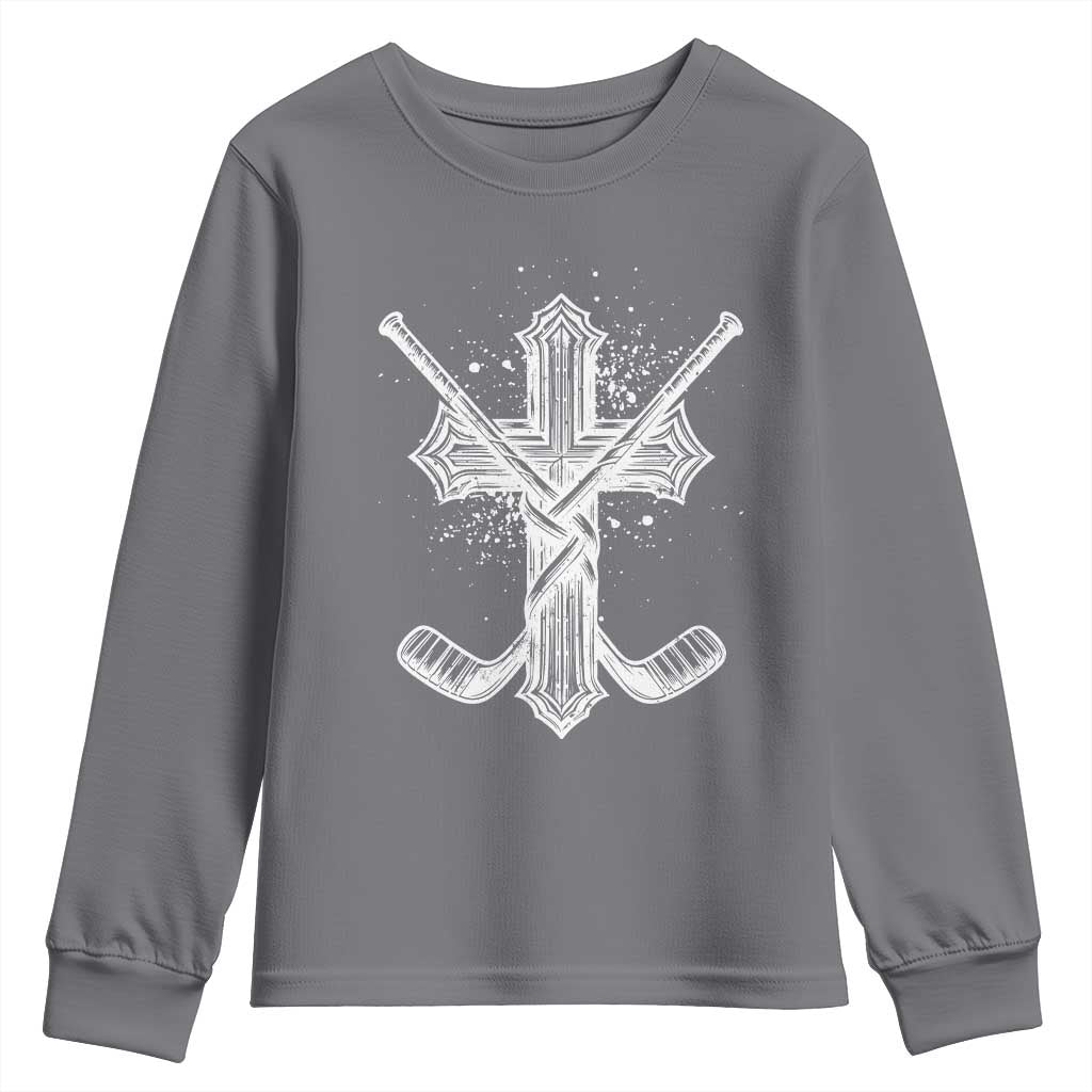 Faith Family Hockey Cross Youth Sweatshirt Religious Ice Hockey Lover Gift TS12 Charcoal Print Your Wear