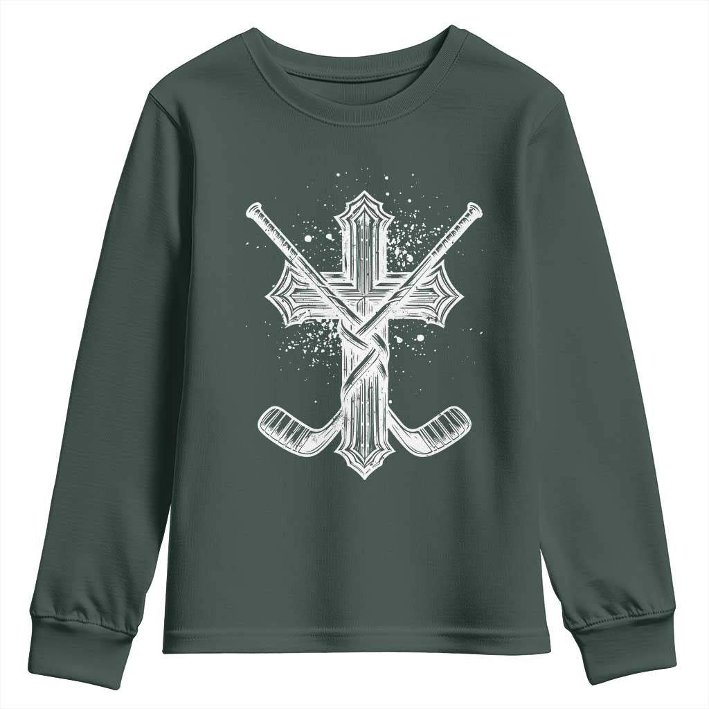 Faith Family Hockey Cross Youth Sweatshirt Religious Ice Hockey Lover Gift TS12 Dark Forest Green Print Your Wear