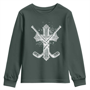 Faith Family Hockey Cross Youth Sweatshirt Religious Ice Hockey Lover Gift TS12 Dark Forest Green Print Your Wear