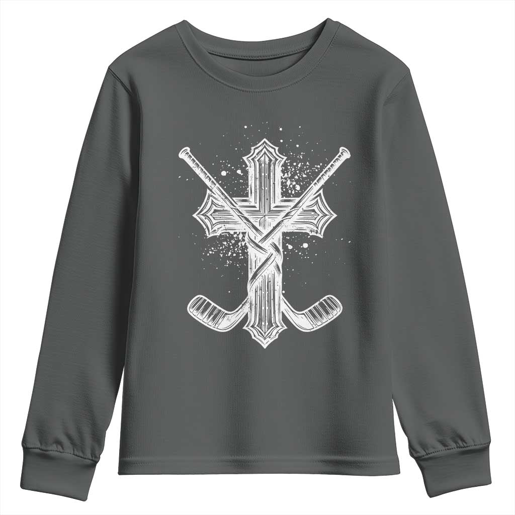 Faith Family Hockey Cross Youth Sweatshirt Religious Ice Hockey Lover Gift TS12 Dark Heather Print Your Wear