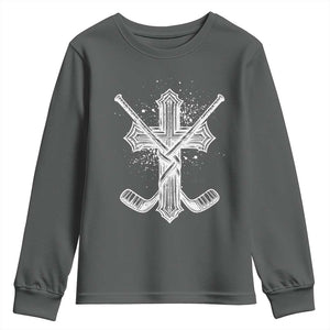 Faith Family Hockey Cross Youth Sweatshirt Religious Ice Hockey Lover Gift TS12 Dark Heather Print Your Wear