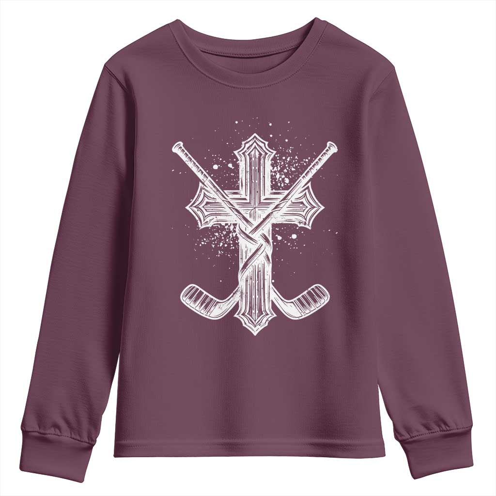 Faith Family Hockey Cross Youth Sweatshirt Religious Ice Hockey Lover Gift TS12 Maroon Print Your Wear