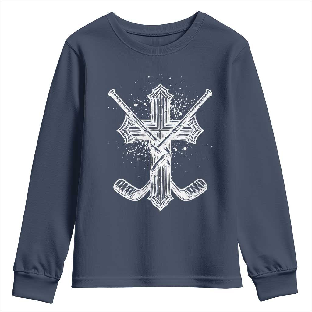 Faith Family Hockey Cross Youth Sweatshirt Religious Ice Hockey Lover Gift TS12 Navy Print Your Wear
